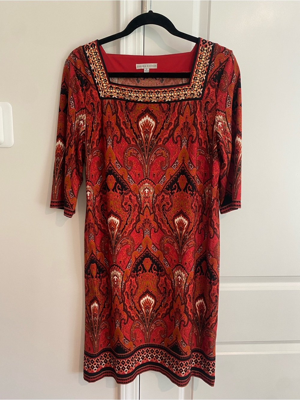 Sandra Darren Red print Square-Neck Midi Dress